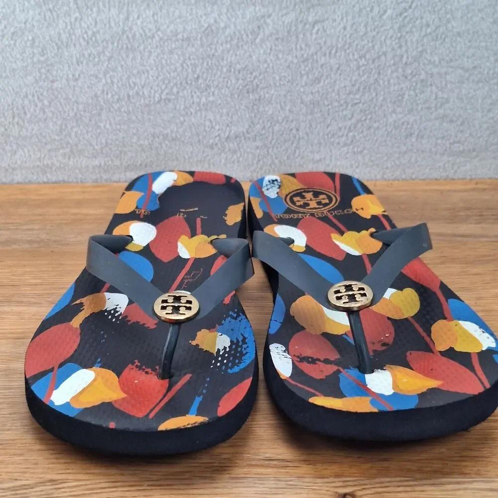 Tory Burch Women's 11 Thin Flip Flops Navy Blue Floral Print Logo Thongs Sandals